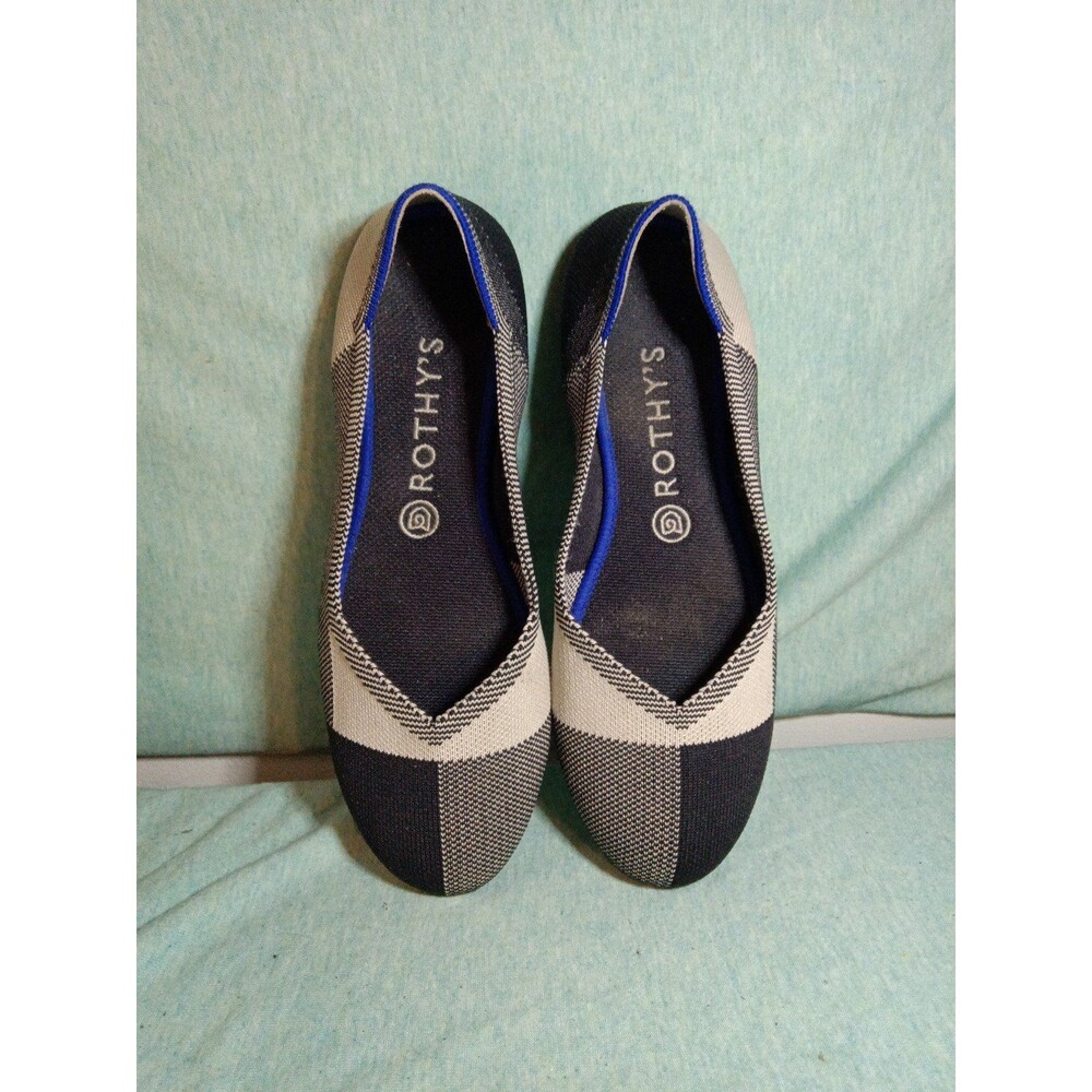 Rothy's Women's Sz W9 Captoe Black White Buffalo Plaid Slip On Flats Blue Trim, - Picture 2 of 6